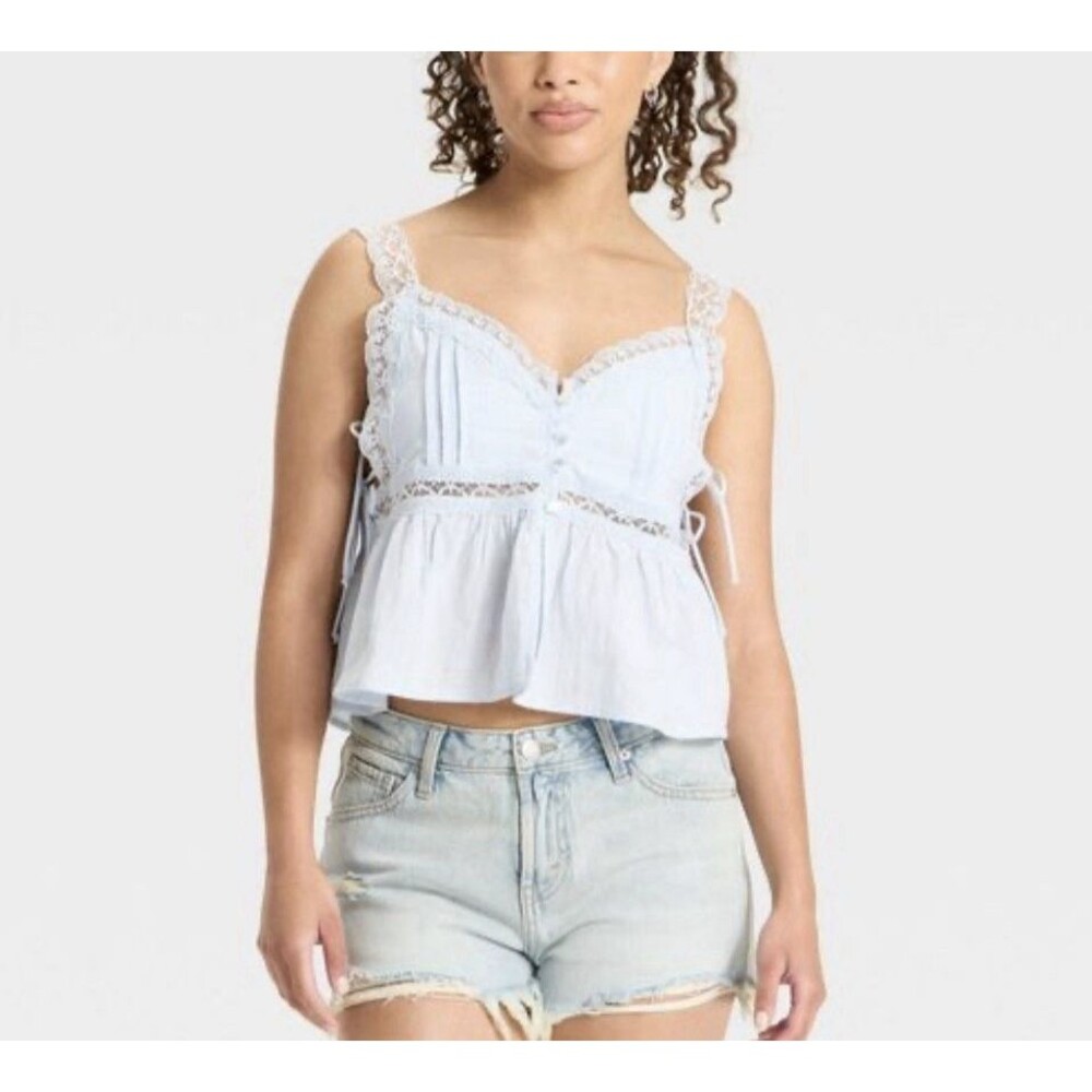 Wild Fable Light Blue Lace Trim Flyaway Babydoll Tank Top Sz Large Boho Festival